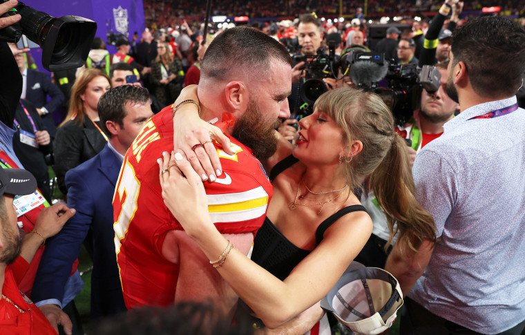 Travis Kelce #87 of the Kansas City Chiefs and Taylor Swift following the NFL Super Bowl on Feb. 11, 2024.