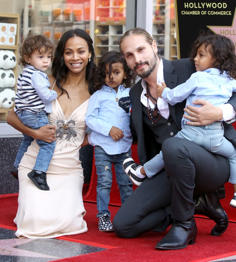 Zoe Saldaña with her husband, Marco Perego and their children, Bowie Ezio Perego-Saldana, Cy Aridio Perego-Saldana and Ezio Perego.