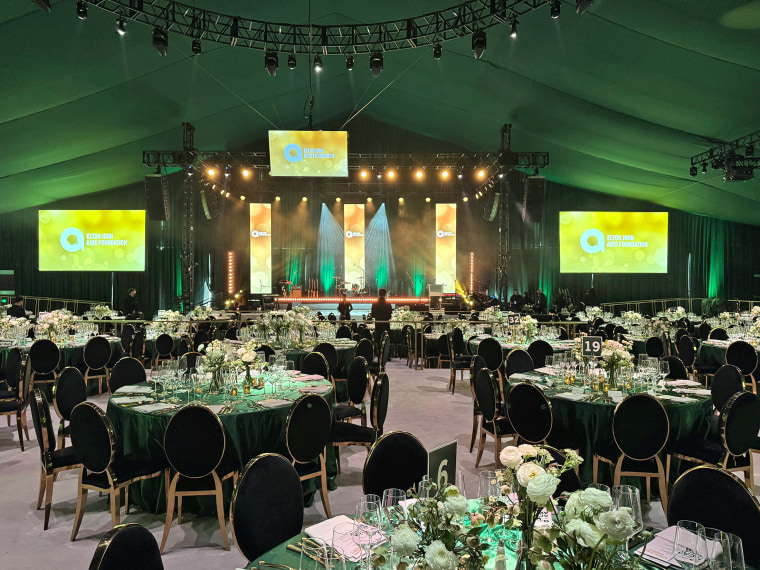 The tables are set for the Elton John Aids Foundation party at the Oscars. 