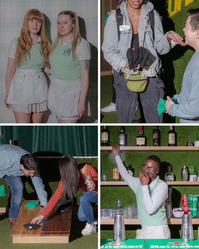 Clockwise from top left: Lawn Club employees Faith Logerstedt and Rae Wessel; Lacey Smith chats with a fellow participant; a bartender poses; attendees play cornhole.