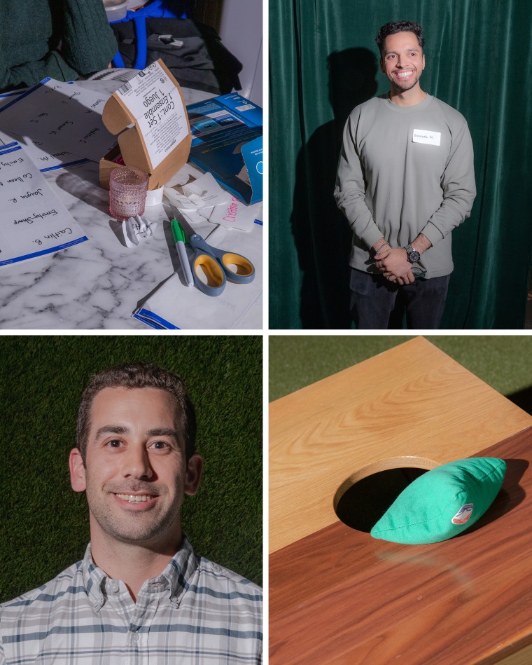 Clockwise from top left: A check-in table with name tags; Everardo Montoya says he found the event low pressure; a cornhole bag comes up short; Joe Wilhelm says he likes that "we're bringing back the history of dating and meeting people organically."