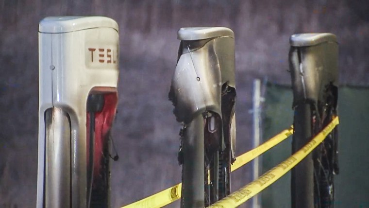 Burnt Tesla chargers at a Tesla charging station