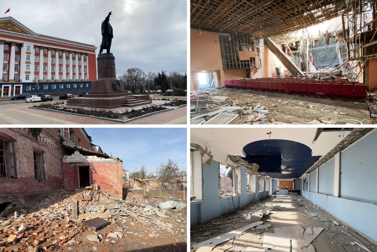 During a recent visit to Russia's embattled Kursk region, NBC News images show a statue of Lenin outside a municipal building in Rylsk, along with the shattered remains of a bombed-out concert hall and elementary school. 