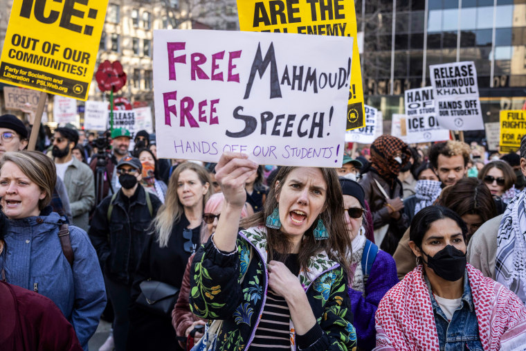 A large multitude of people who protest outside, sign in front of the crowd reads "Mahmoud for free! Free -Speech! Hands outside our students!"