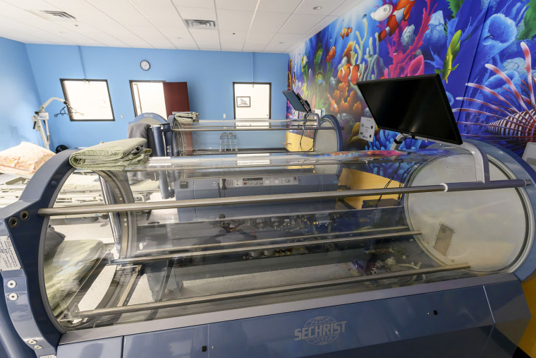 A hyperbaric chamber is shown in the Oxford Center in Brighton, Michigan, on February 8, 2024. Four people were accused of the death of 5 years, Thomas Cooper, who was killed within a hyperbaric chamber that exploded while receiving medical treatment.