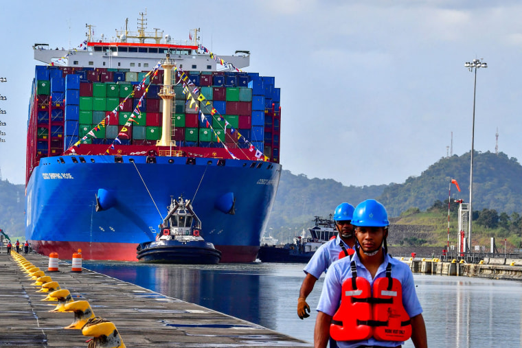 The Chinese container ship Cosco Shipping Rose transits the Panama Canal in 2018.