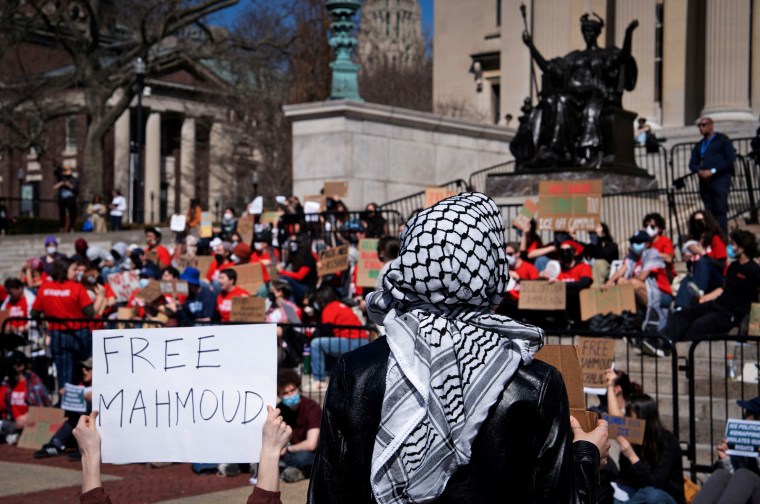 Columbia University students stage a walk-out protest condemning ICE agensts on campus and for release of Mahmoud Khalil in New York