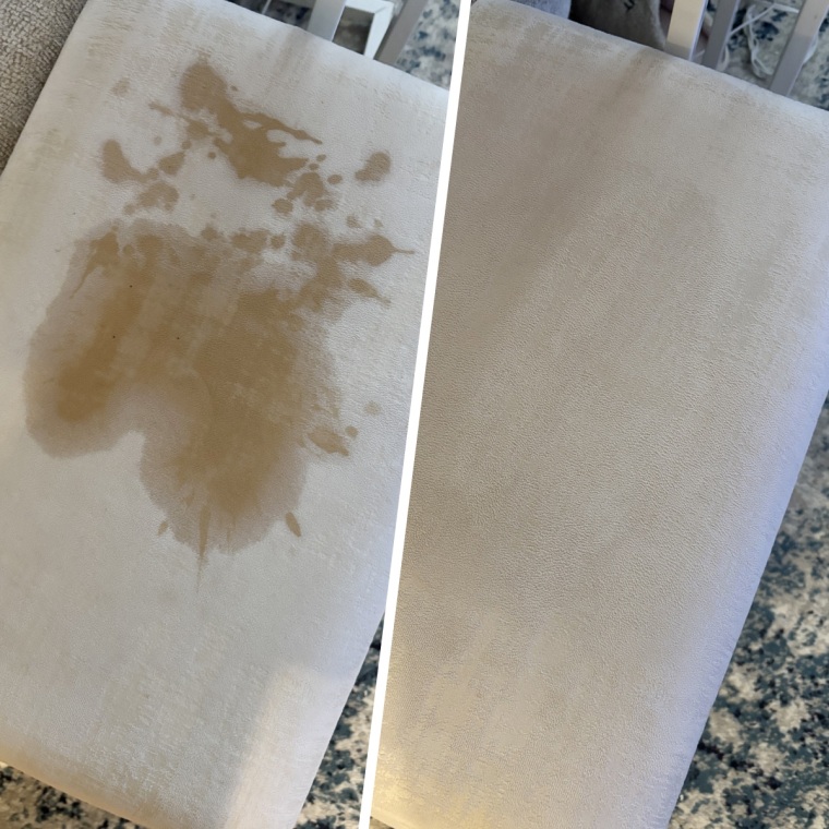 OxiClean Max Force Laundry Stain Remover Spray before and after on a coffee spill.