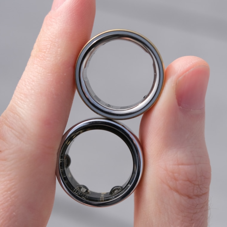 A close up image of the inside of the smooth Oura Ring 4 compared to the bumpy Oura Ring Gen 3.