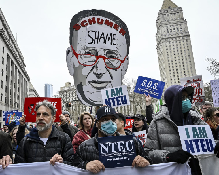 A demonstrator focuses on a Cutout in Sen. Chuck Schumer