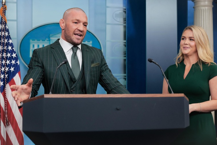 Conor McGregor speaks with reporters alongside White House Press Secretary Karoline Leavitt before meeting with President Donald Trump on March 17, 2025.