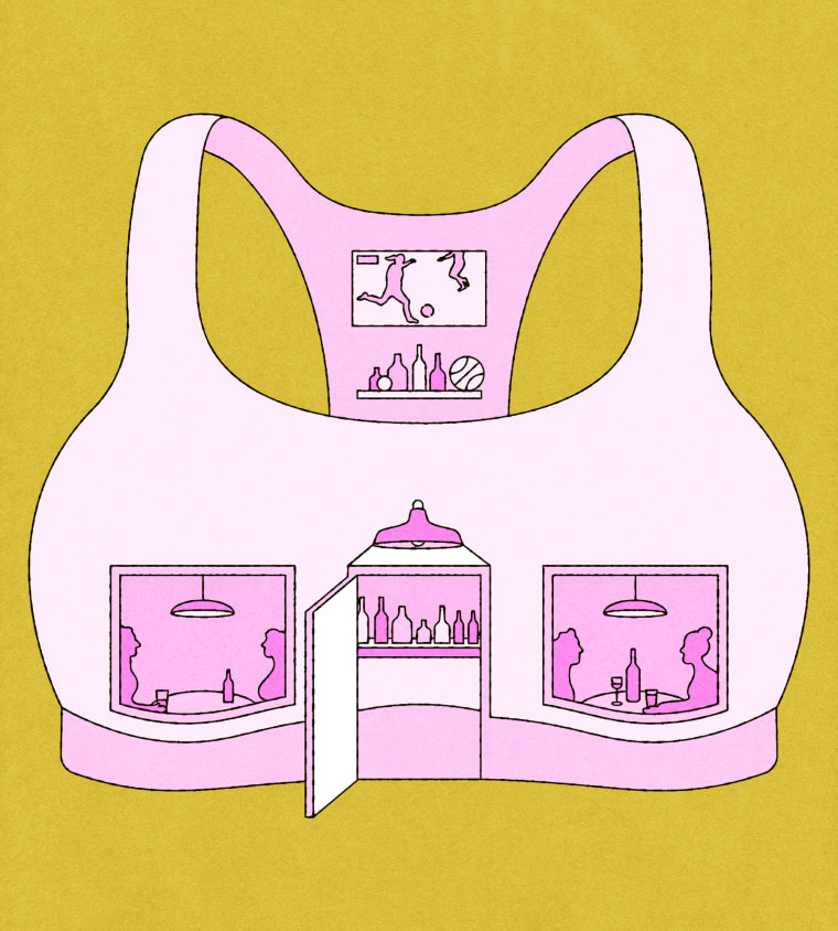 Illustration of a woman's sports bra showing the windows, entrance and shelves of a sports bar. Soccer plays on the television.