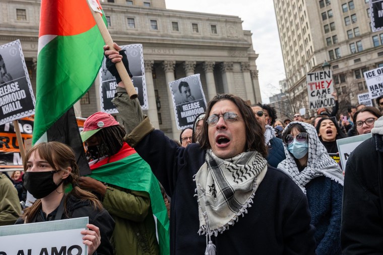 Protesters demand the release of Mahmoud Khalil on March 12, 2025 in New York.