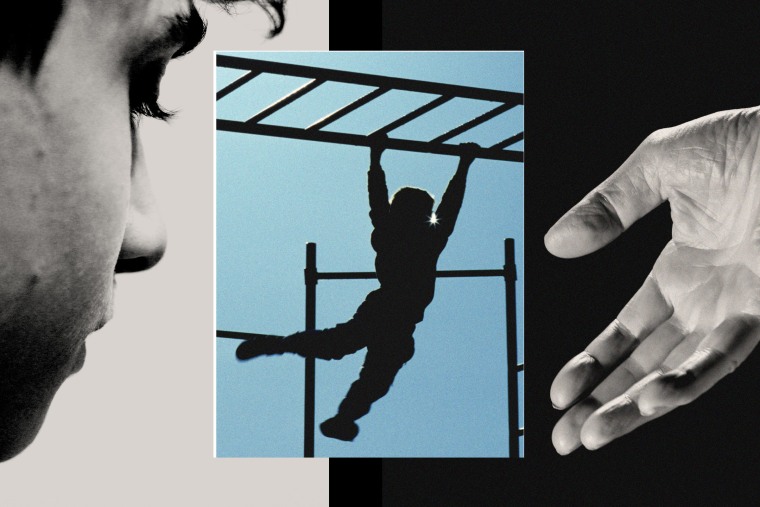 Photo collage of the side profile of a young boy, a boy hanging from monkey bars, and an outreached hand 