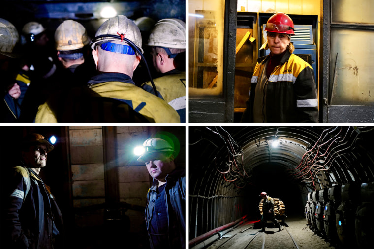 Workers head down the shaft at the DTEK coal mine in Ukraine’s Pavlohrad region Thursday.