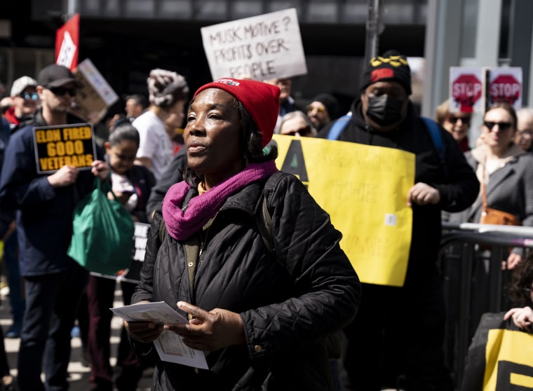 Windome Pendergrass speaks at a protest outside a Tesla showroom in New York on Saturday. 