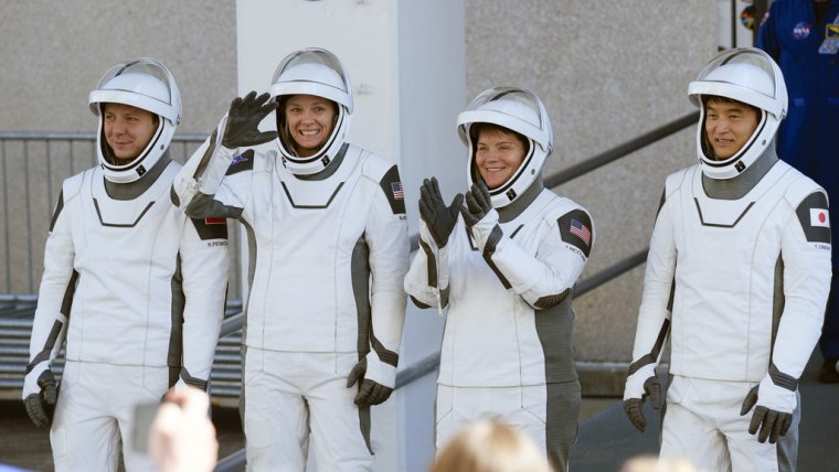 Crew 10, from left. To der., Kirill Peskov, Nichole Ayers, Anne McClain and Takuya Onishi, at the Kennedy Space Center in Cabo Cañaveral, Florida, on March 12, 2025. 