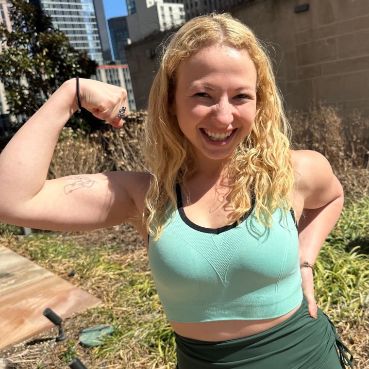 Producer Eden Strassburg tries the Racerback Sports Bra with Pads.