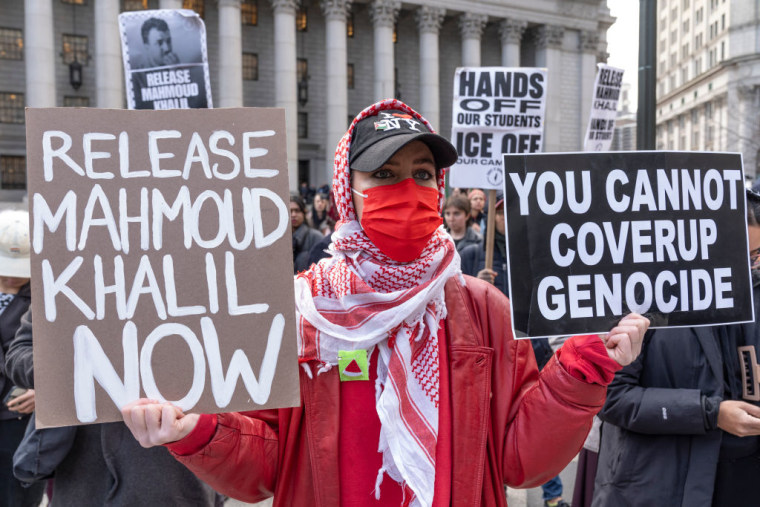 Cientos de partidarios del activista propalestino Mahmoud Khalil se manifiestan en Foley Square, Nueva York, el 13 de marzo de 2025.