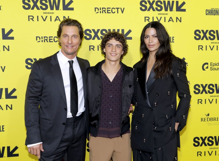 Matthew McConaughey, Levi Alves McConaughey and Camila Alves attend the "The Rivals Of Amziah King" world premiere during the 2025 SXSW Conference and Festival at The Paramount Theatre on March 10, 2025 in Austin, Texas.