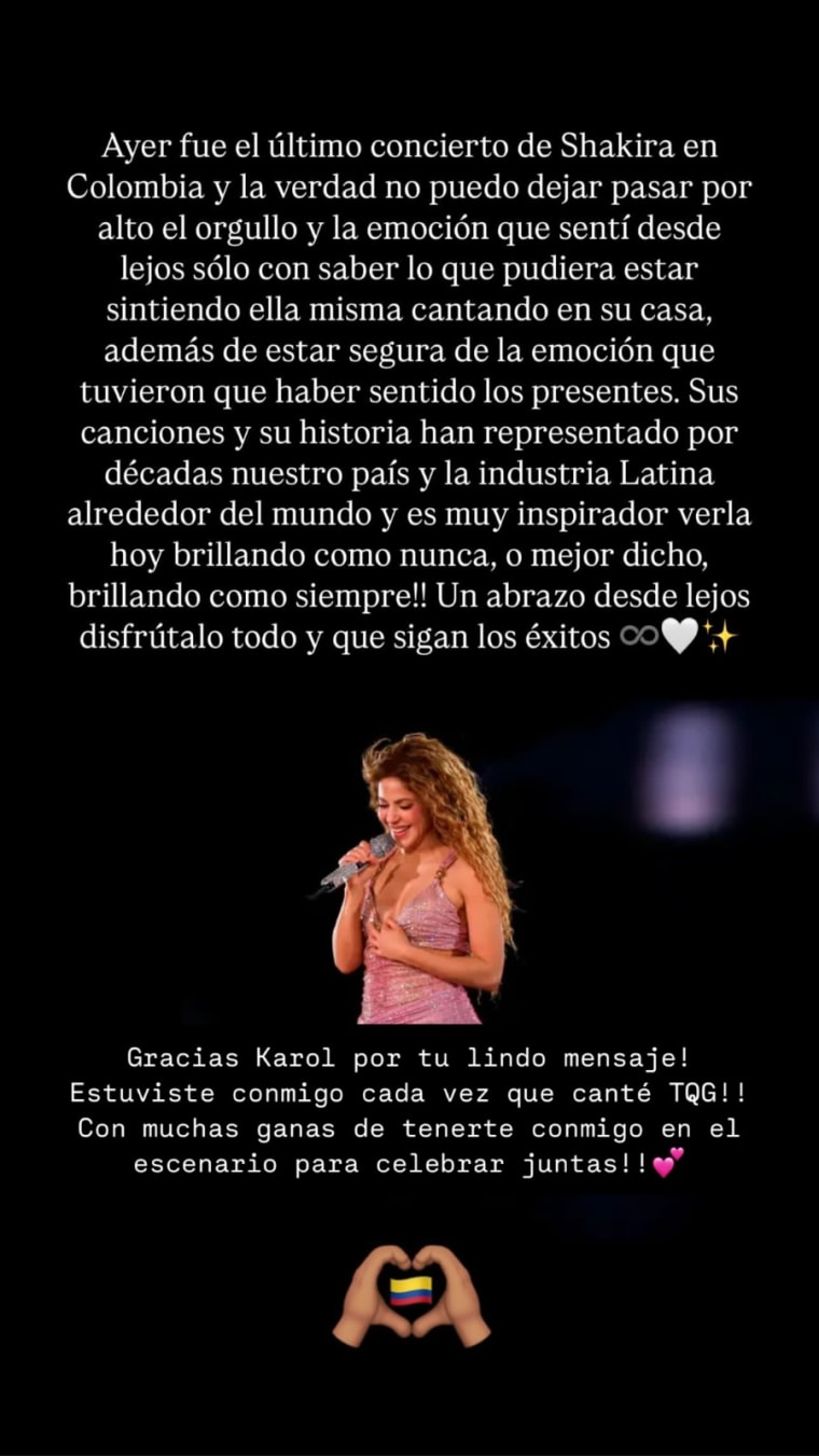 Karol G enaltece a Shakira en genuino mensaje