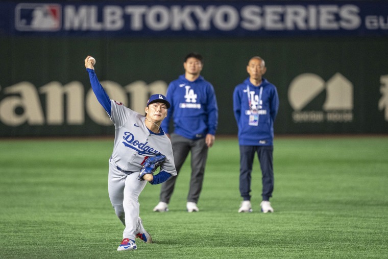 Los Angeles Dodgers' Yoshinobu Yamamoto during a training session.