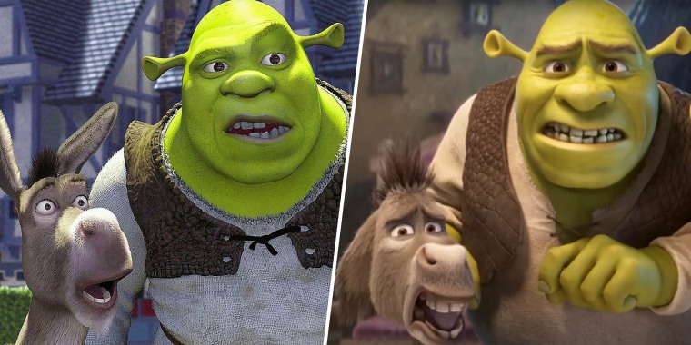 Shrek and donkey, 2001 and Shrek and donkey, 2025