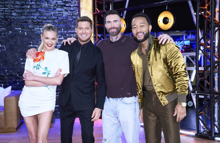 Kelsea Ballerini, Michael Bublè, Adam Levine, and John Legend on season 27 of "The Voice."