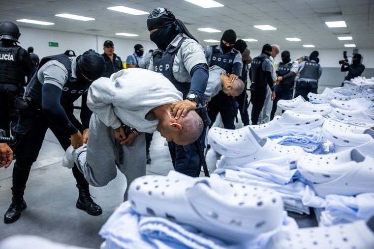 Alleged members of the Venezuelan criminal organization Tren de Aragua and from the Salvadoran gang MS-13 being subdued upon their arrival at the Terrorism Confinement Center in the city of Tecoluca, El Salvador, in an image released on March 31. 