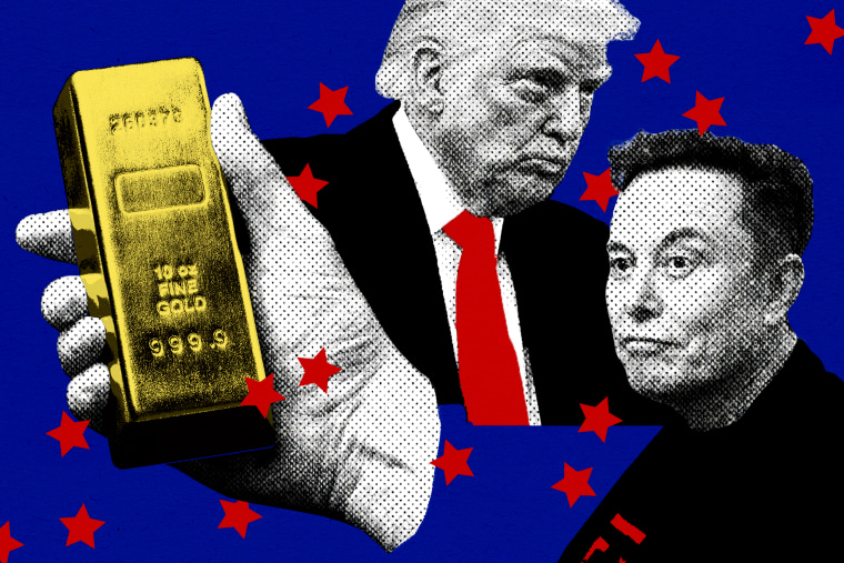 Photo collage with photo cut outs of Donald Trump, Elon Musk, and a hand holding a gold bar. Red stars are sprinkled across the image.
