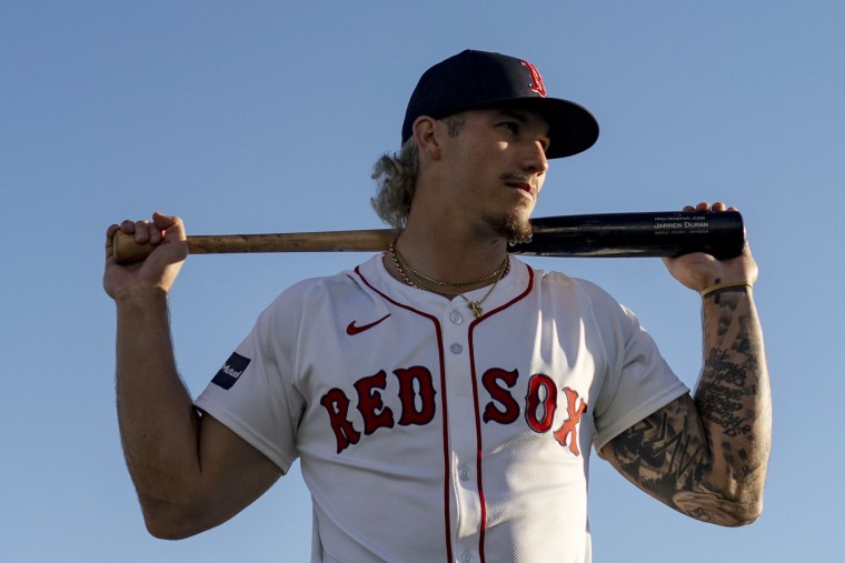 Jarren Duran #5 of the Boston Red Sox before a spring training team workout on February 20, 2024 at JetBlue Park at Fenway South in Fort Myers, Florida.