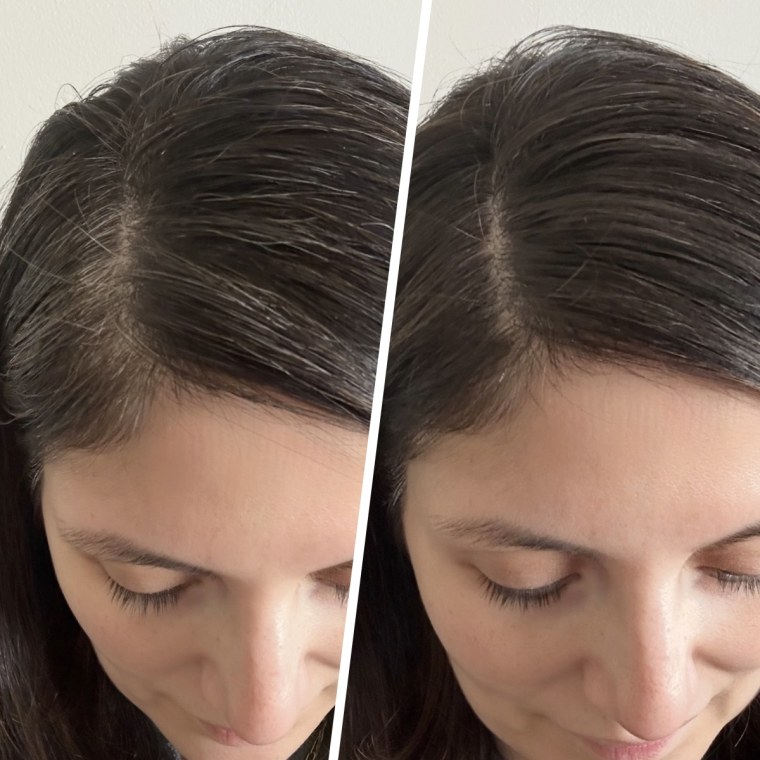 Shop TODAY editorial director Adrianna Brach before and after using the Everpro Gray Away Root Touchup Quick Stick.
