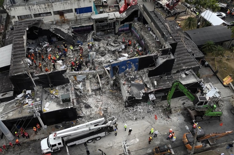 An aerial view shows rescue teams working at the Jet Set nightclub a day after the collapse of its roof in Santo Domingo on April 9, 2025.