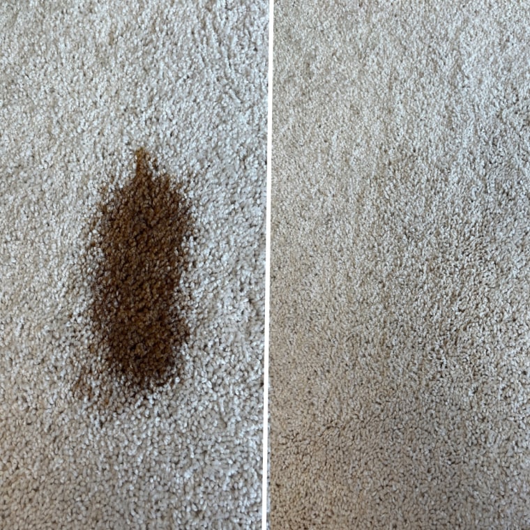 Before (left) and after (right) cleaning a stain on carpet with the Bissell Little Green.