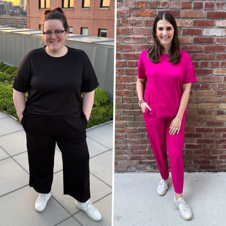 Producer Francesca Ciammaichelli and editor Kelly Vaughan try the Pinspark 2-Piece Short Sleeve Lounge Set.