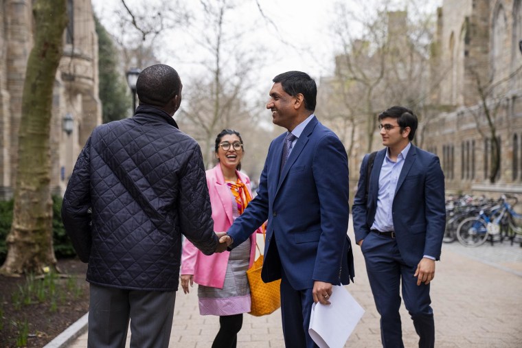 Rep. Ro Khanna speaks with people on campus at Yale University