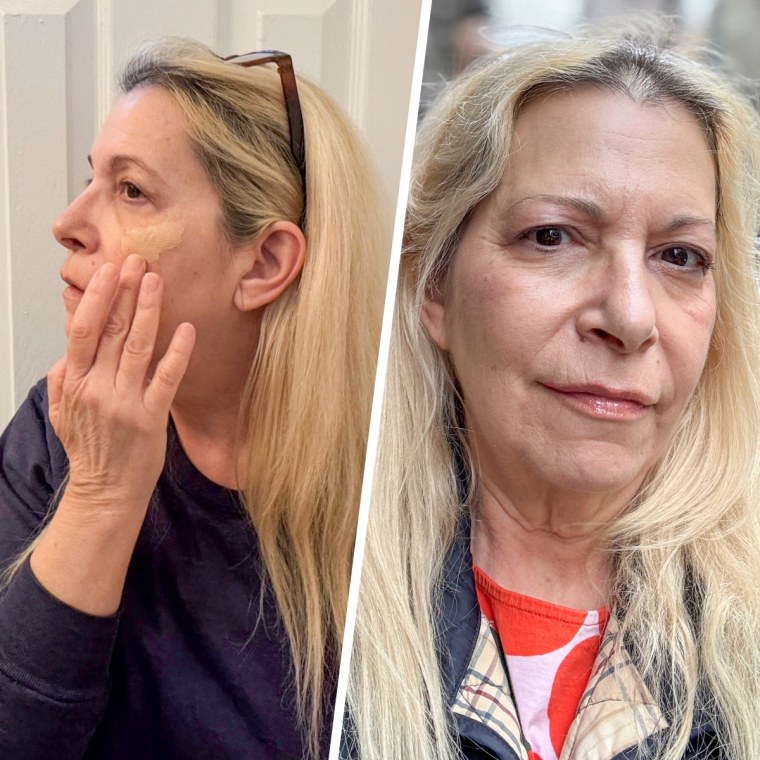 L’Oréal Lumi Le Glow Skin Tint before (left) and after (right) application.