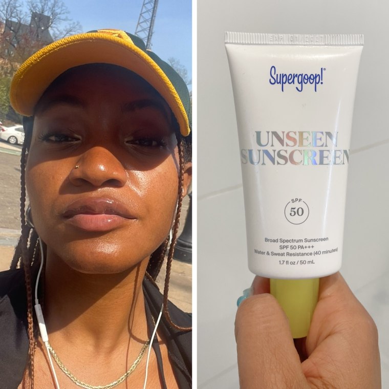 Left: NBC Select associate SEO reporter Ashley Morris standing outside, wearing a black sweater and a yellow and green baseball cap. Right: The Supergoop Unseen Sunscreen held in front of a white bathroom tiled wall.