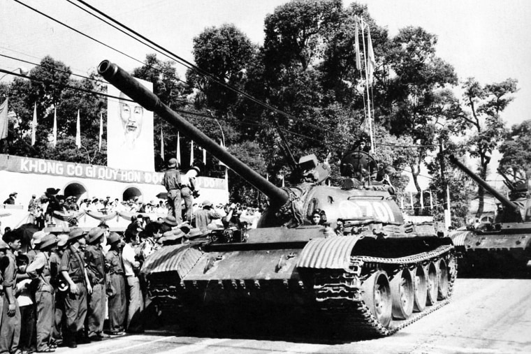 North Vietnamese tanks in a victory parade through the streets of Saigon in 1975.