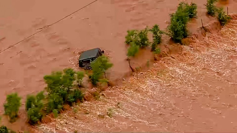 Water rescue near Highway 102 and Macomb after flooding in Pottawatomie County, Oklahoma, on April 30, 2025.