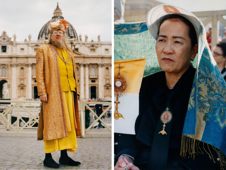 Left: King Thomas outside St. Peter's Basilica. Right: A Vietnamese woman prays with her congregation in the crowd.