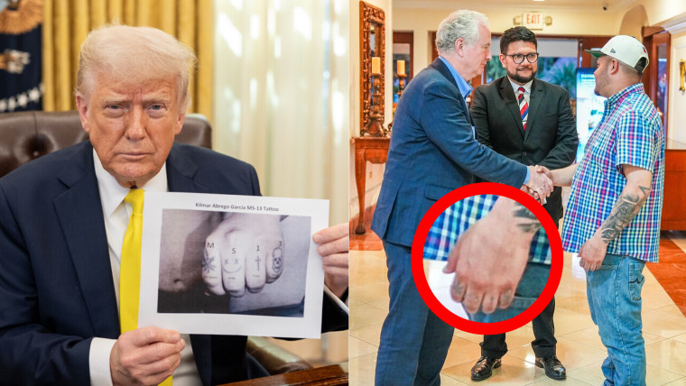Las letras M S 13 que aparecen en la foto compartida por Trump no se ven en otras fotos que se le han tomado a Kilmar Abrego. 