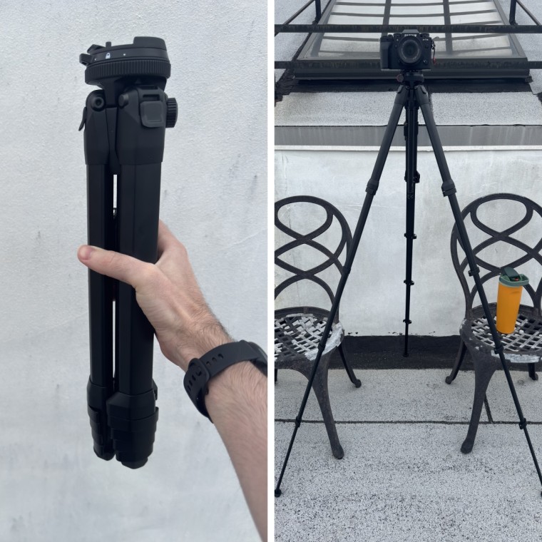 A photo of the Peak Design Travel Tripod next to an Owala water bottle for scale