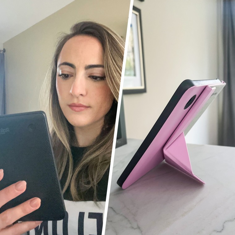 Murphy reading with the Kobo Clara BW; the eReader standing on its own with the Kobo SleepCover.