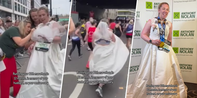 Woman crosses London Marathon finish line in her wedding dress in honor of her husband, who died of cancer