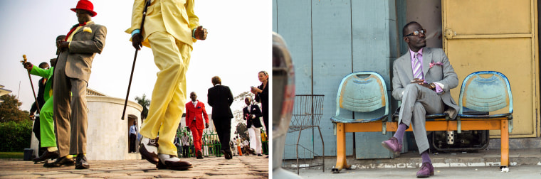 Members of “La Sape” movement, an acronym for Societe des Ambianceurs et des Personnes Elegantes (the Society for the Advancement of Elegant People), in Brazzaville, Republic of Congo. On the left, “sapeurs” in 2008 and on the right, Patience Moutala, coordinator of the Red Devils group in 2014.