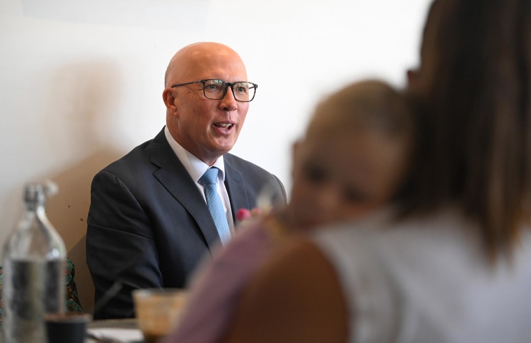 Opposition Leader Peter Dutton meets local mothers at a cafe on April 28, 2025 in Marks Point, Australia.