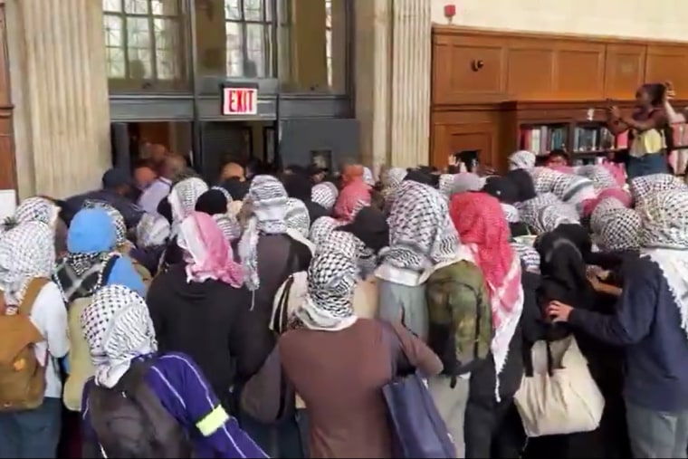 Protestors at Butler Library at Columbia University in New York on May 7, 2025.