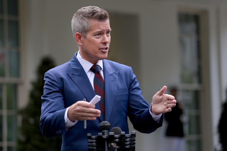 Transportation Secretary Sean Duffy speaks to reporters outside the White House on May 6, 2025.