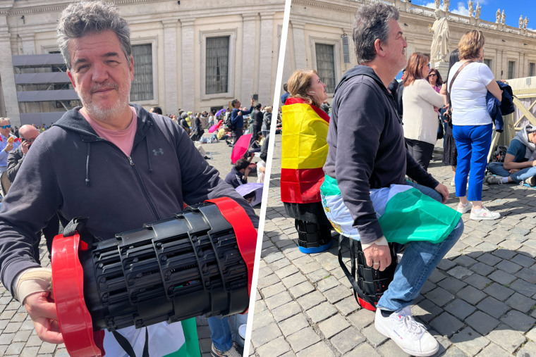 Joaquin Lopez using his telescopic stool at St. Peter’s Square on the second day of the conclave.